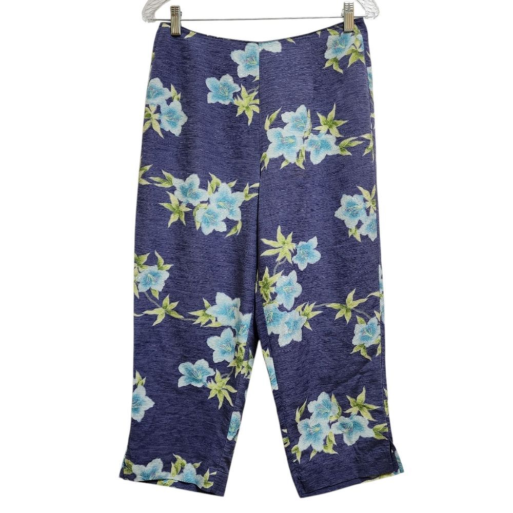 Tommy Bahama Womens Blue Green 100% Silk Floral Crop Pants Sz 10 Zip Beach Boho